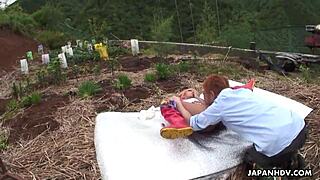 Japanese beauty gets her ass fucked in boots outdoors