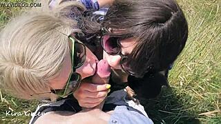 Fierce lady enjoys monster cock outdoor POV threesome