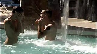 Twink and gay blowjob action at the beach and pool
