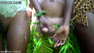 Skinny African girls tease the village chief in forest