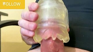 Guy cumming twice with fleshlight, moanin’ loud in close up!