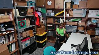 Female Mall Cop Teasingly Rides Cock in the Shop with Oral and Cumshot