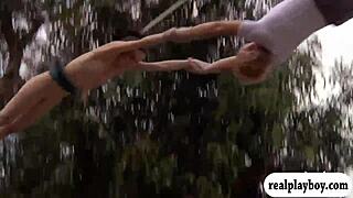 Oh Wow, These Naked Babes Swing Wildly Outdoors with Brunette and Blonde Passion!