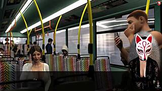 קוספליי משרדי עם ציצים ענקיים מהבהבים באוטובוס ציבורי לכיף פרוע