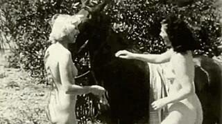 Vintage taboo unfolds with hairy pussy bent over in retro doggystyle outdoors.