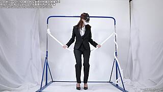 a woman masturbates intensely over a rope fetish