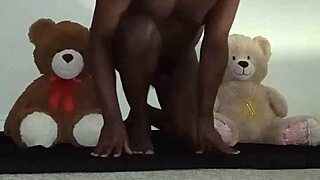 Enjoying a threesome with furry toy bears? Brown and caucasian ones playing.