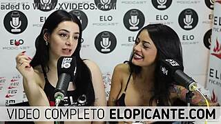 Bisexual lesbians kiss passionately while playing with lollipop