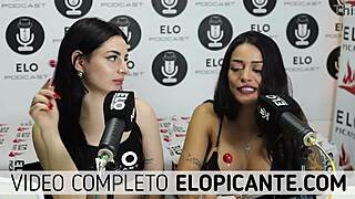 Bisexual lesbians kiss passionately while playing with lollipop