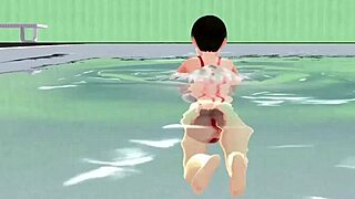 Leo anime girl swam in micro bikini with nip slip