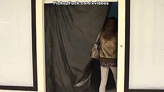 Brown cutie sucks cocks in mall