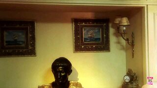 a little masked brunette kitty plays with big dick