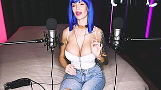 She narrates dirty talk as hands-free cum hits her big tits in orgasm.