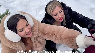 In the snowy outdoors, two brunette girlfriends eagerly suck cocks in a threesome, their faces drenched in cum