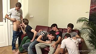 Twink gets bareback gangbang with sucking! 😈