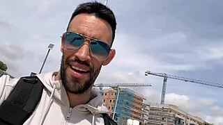 big cock european stud jerks off his monster cock on outdoor public trail, ending in cumshot