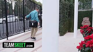 fit ebony teen with perfect tits takes big white cock from behind