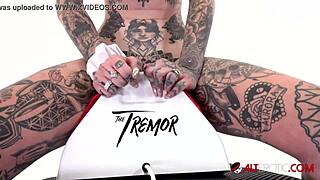Tattooed amber luke rides vibrator for first time
