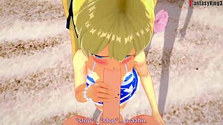 Marie rose in bikini performs oral sucking on the beach in hentai anime fantasy