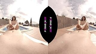 Young neighbor enters community pool in VR