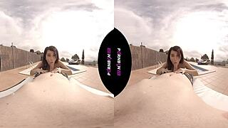 Young neighbor enters community pool in VR