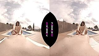 Young neighbor enters community pool in VR