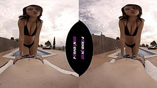 Young neighbor enters community pool in VR