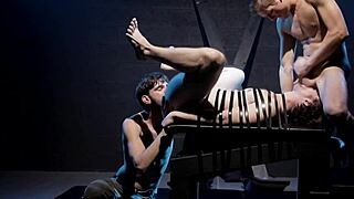 hot gay bodybuilders in bareback bondage threesome sucking cocks