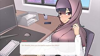 Tsundere milf boss teases with massive tits in hentai game.