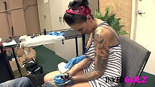 He fucks the tattooed pin-up artist with huge tits