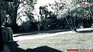 busty blonde babe lured by pool for steamy outdoor banging.