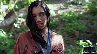 Ebony milf Brookliyn flaunts big natural boobs in solo Playboy softcore clip.