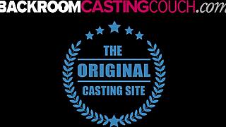 In the backstage casting room, the young teen gets anal fucked on the sofa and swallows the agent's cum