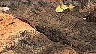 Young beauty watched having public sex on beach rocks