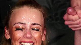 Honey swallows cumshot facial in blowbang