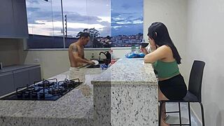 Hey, fucking hot wife in kitchen till she cums while cuckold watches?