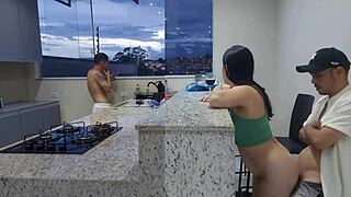 Hey, fucking hot wife in kitchen till she cums while cuckold watches?