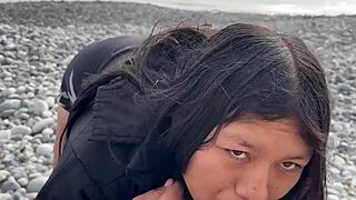 peruvian babe swallows my load on the beach