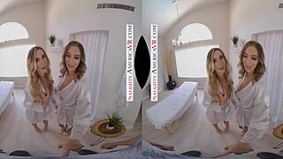 First massage parlor visit turns steamy with hot blondes Aiden Ashley and Tiffany Watson. Handjobs and cum on tits await!