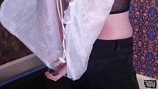 Brunette submissive licks master's ass before cum shower.