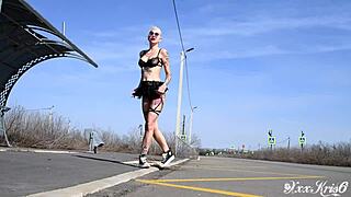 Sexy tattooed girl with big boobs gets banged outdoors. She sucks deep and takes cum in mouth!