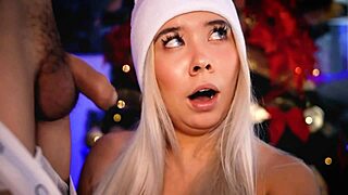 Horny blonde tests friend's cock on webcam