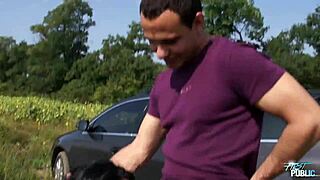 black hair nympho teen gets first public fuck with deepthroat and cum on face