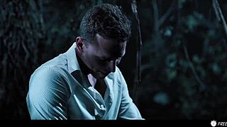 busty chick stuck in time, banged by three in forest