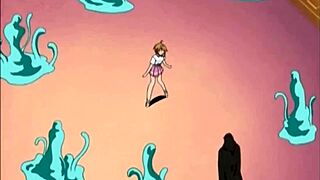 In this anime story, big titty babe masturbates as monster licks her pussy orally