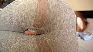 Stepsister catches me jerking off and I fuck her through leggings hole.