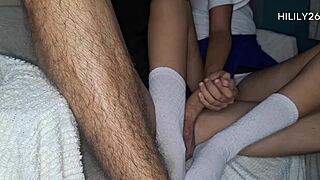 She wants to give a footjob in lingerie on a rough day.