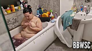 Pervert spies BBW washing saggy tits in bath