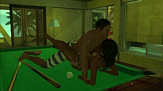 Intense pool table game with anime characters