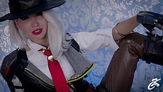 ashe from overwatch in hardcore cosplay featuring various scenes